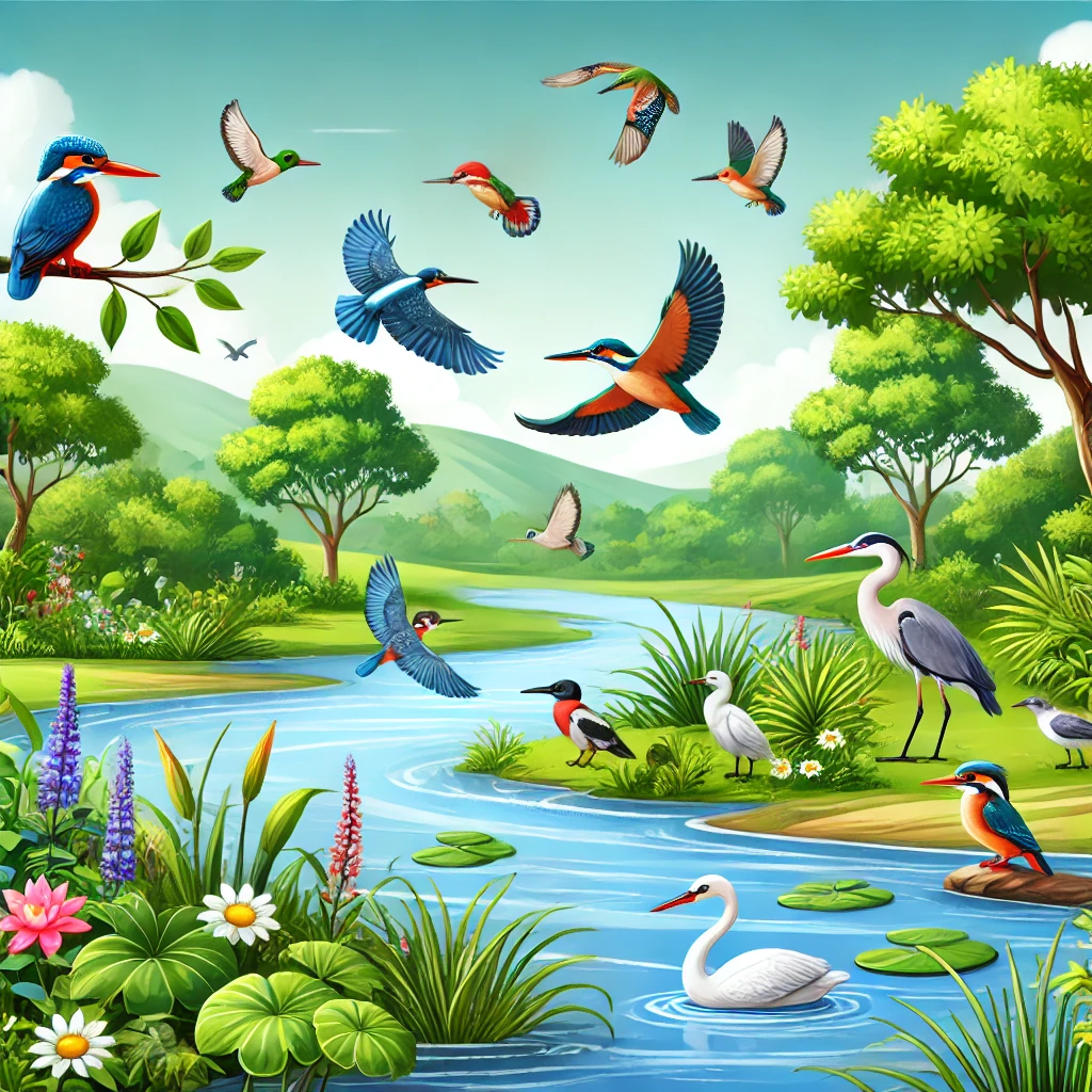 DALL·E 2025-01-09 14.56.05 - A serene river flowing through a lush green landscape, with various colorful birds like kingfishers, egrets, and ducks on the riverbanks and flying ar